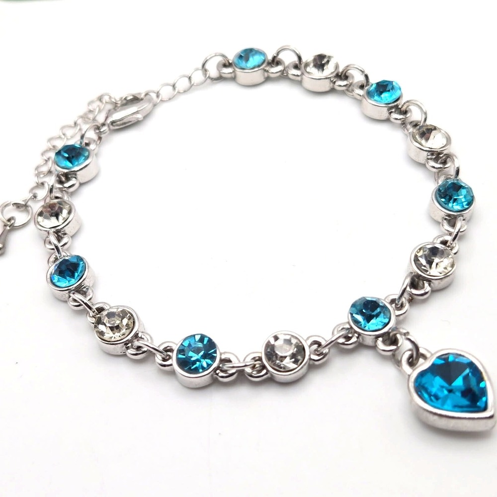 Blue and Clear Rhinestone Silver Tone Adjustable Bracelet Blue Heart‎ Charm